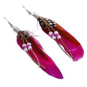 Bohemian 3" Feather Drop Earrings With Beads Darak  Pink